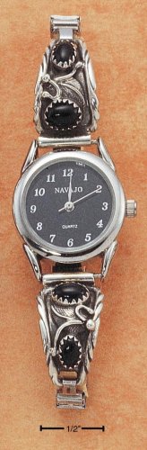 STERLING SILVER WOMENS ONYX WATCH W/ BLACK FACE **FREE SHIPPING**