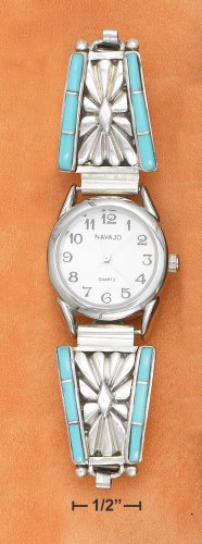 TERLING SILVER LADIES STRETCH BAND WATCH W/ TURQUOISE INLAY & SUNBURST DESIGN **FREE SHIPPING**