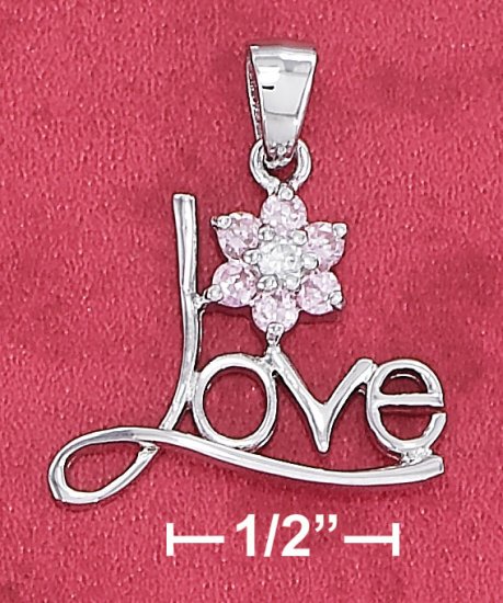 STERLING SILVER "LOVE" PENDANT WITH PINK CZ FLOWER **FREE SHIPPING**