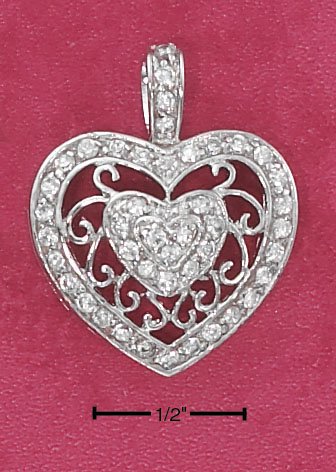 STERLING SILVER PAVE CZ HEART CHARM WITH FILIGREE BAND
