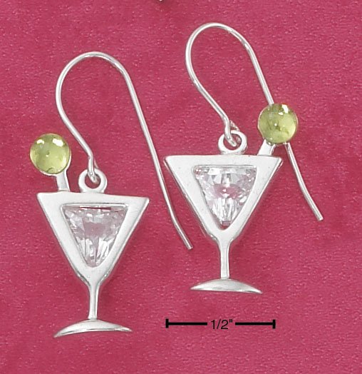 STERLING SILVER MARTINI GLASS W/ CLEAR CZ & PERIDOT FRENCH WIRE EARRINGS