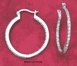 STERLING SILVER HOOP EARRINGS W/ CZ'S ON OUTSIDE FRONT & INSIDE BACK