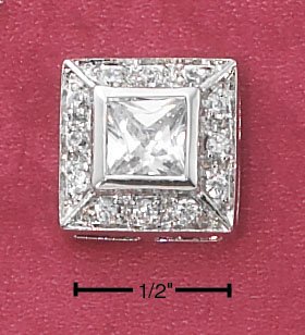 STERLING SILVER CLEAR PRINCESS CUT SQUARE CZ WITH PAVE CZ BORDER POST EARRINGS