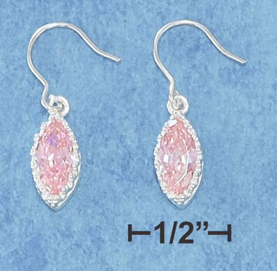 STERLING SILVER- PINK MARQUISE CZ DANGLE FRENCH WIRE EARRINGS WITH CROWN BORDER