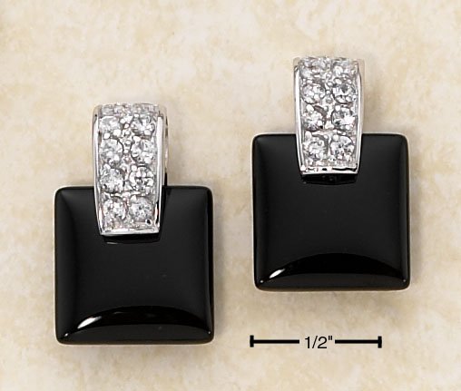 STERLING SILVER SQUARE ONYX POST EARRINGS W/ CZ CHIPS