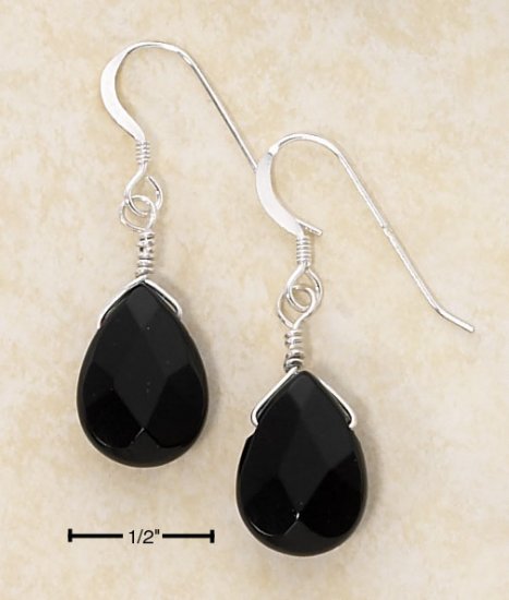 STERLING SILVER FACETED ONYX TEARDROP FRENCH WIRE EARRINGS **FREE SHIPPING**