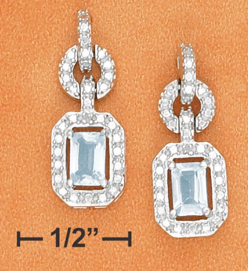 STERLING SILVER FANCY CZ POST DANGLE EARRINGS WITH EMERALD CUT BLUE TOPAZ
