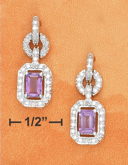 STERLING SILVER- FANCY CZ POST DANGLE EARRINGS WITH EMERALD CUT AMETHYSTS