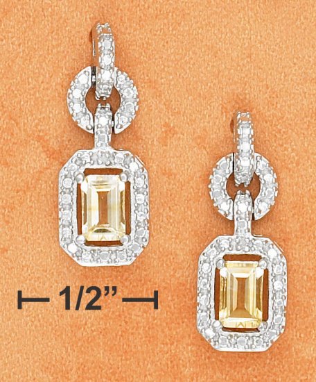 STERLING SILVER FANCY CZ POST DANGLE EARRINGS WITH EMERALD CUT CITRINE