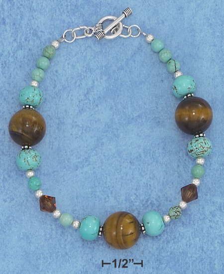 STERLING SILVER TOGGLE BRACELET WITH TURQUOISE AND TIGER EYE BEADS