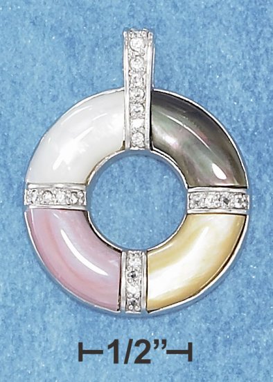 STERLING SILVER MOTHER OF PEARL CIRCLE PENDANT W/ CHANNEL SET CZ