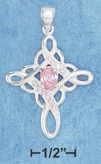 STERLING SILVER- LOOP CROSS PENDANT W/ PINK CZ