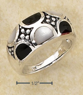 STERLING SILVER ONYX & WHITE MOP SEMI-CIRCLE INLAYS RING **FREE SHIPPING**