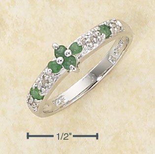STERLING SILVER EMERALD FLOWER & DIAMOND ACCENT RING **FREE SHIPPING**
