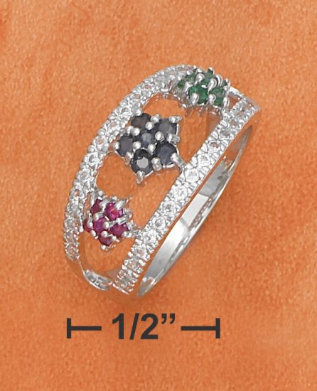 Sterling silver open dome ring with cz edges and emerald, sapphire, & ruby flowers
