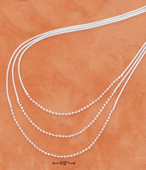 STERLING SILVER 18" GRADUATED TRIPLE STRAND SNAKE & BEAD NECKLACE **FREE SHIPPING**