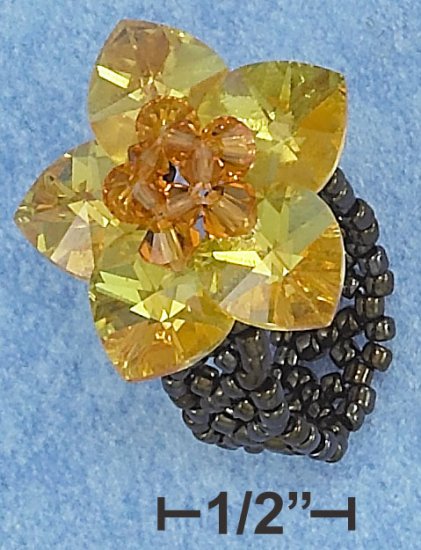 YELLOW SWAROVSKI CRYSTAL FLOWER ON BLACK BEADS RING