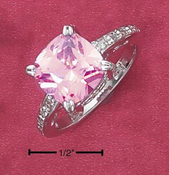 STERLING SILVER 10MM PRINCESS CUT CUSHION PINK CZ RING W/ PAVE SHANK **FREE SHIPPING**