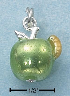 STERLING SILVER ENAMEL 3D GREEN APPLE WITH YELLOW WORM CHARM
