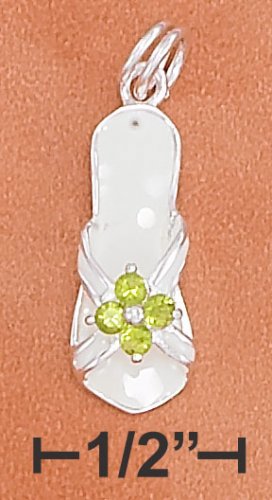 STERLING SILVER 18MM CREAM SANDAL W/ 2MM PERIDOT COLORED CZ FLOWER ON CENTER