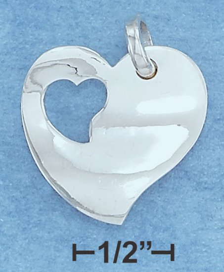 STERLING SILVER HIGH POLISH HEART W/SMALL CUTOUT HEART WITHIN CHARM **FREE SHIPPING**