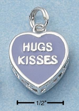 STERLING SILVER 2 SIDED PURPLE ENAMEL "HUGS KISSES" HEART CHARM **FREE SHIPPING**