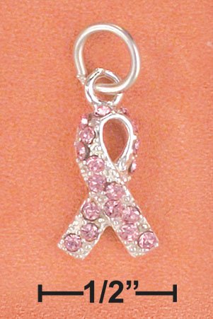 STERLING SILVER SMALL PINK SWAROVSKI CRYSTAL AWARENESS RIBBON CHARM **FREE SHIPPING**