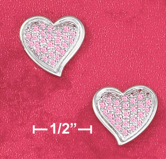 STERLING SILVER PINK PAVE CZ HEART POST EARRINGS