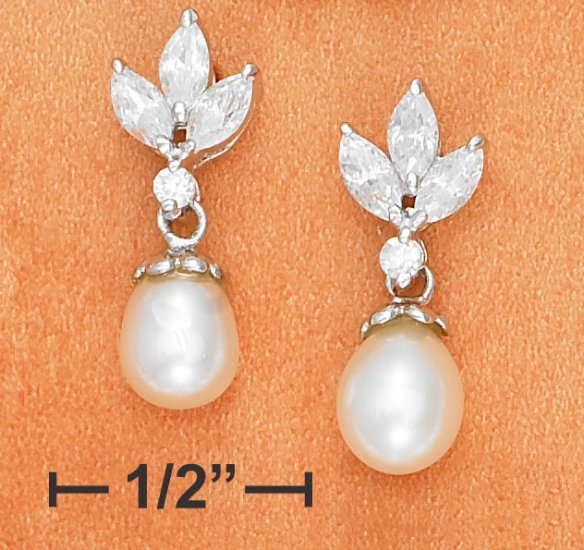 STERLING SILVER FRESH WATER PEARL DROP EARRINGS W/ CZ CLUSTER