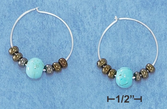 STERLING SILVER TURQUOISE AND BROWN BEAD HOOP EARRINGS **FREE SHIPPING**