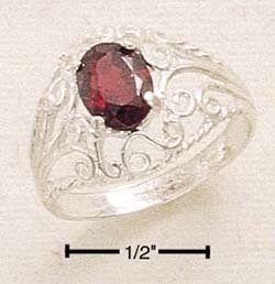 STERLING SILVER WIDE FILIGREE BAND W/ OVAL GARNET