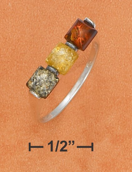 STERLING SILVER MULTICOLOR AMBER SQUARE 3 STONE RING