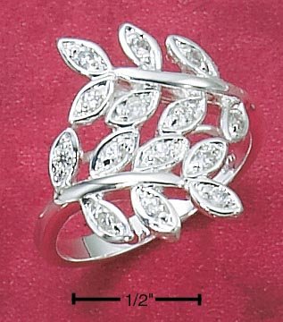 STERLING SILVER WRAP AROUND RING W/ LEAVES & ROUND CLEAR CZ ACCENTS