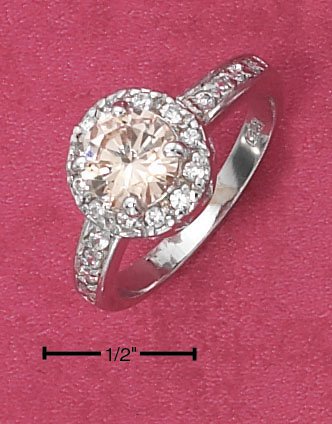 STERLING SILVER ROUND CHAMPAGNE CZ RING WITH PAVE SHANK
