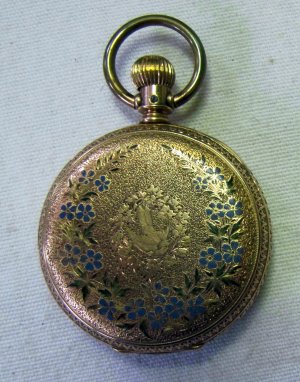 Antique 1884 ELGIN 14k Gold Ladies Hunting Case Pocket Watch Bird Blue Green Floral Inlaid Works