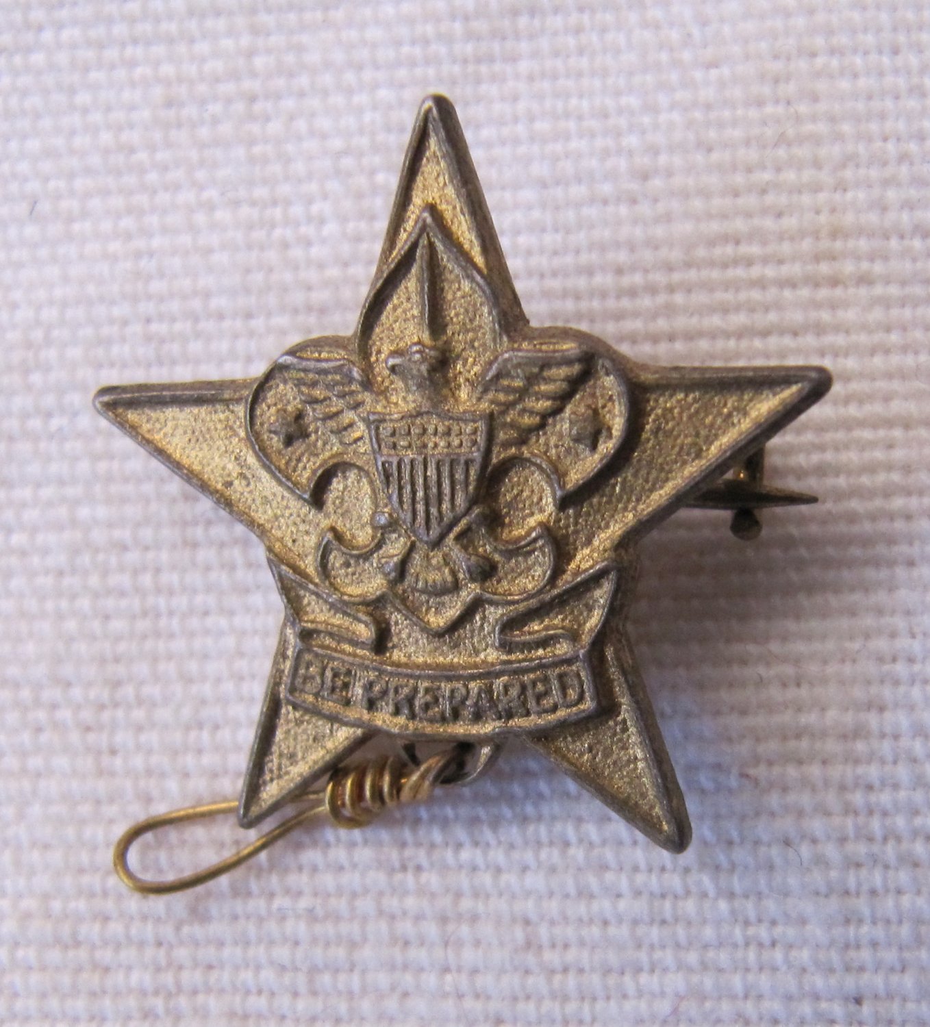 Vintage Boy Scout Pin Eagle Star Trefoil Be Prepared Wire Knot Loop Gold Tone Sterling 7/8 Inch