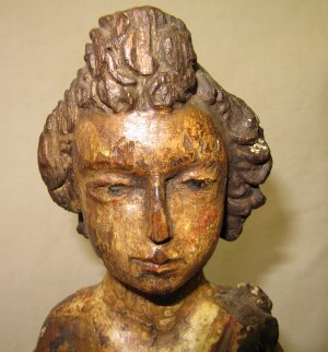 Peruvian Antiquity Religious Wood Carving Shepherd Boy Figure on Wood Base 20 Inch S. American