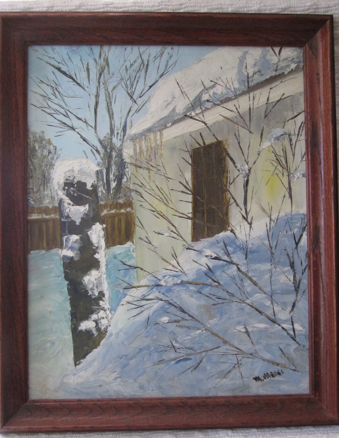 M. PARISI Signed Oil Painting Canvas Winter Scene Drifting Snow Art 18.5 x 23 In in Wood Frame