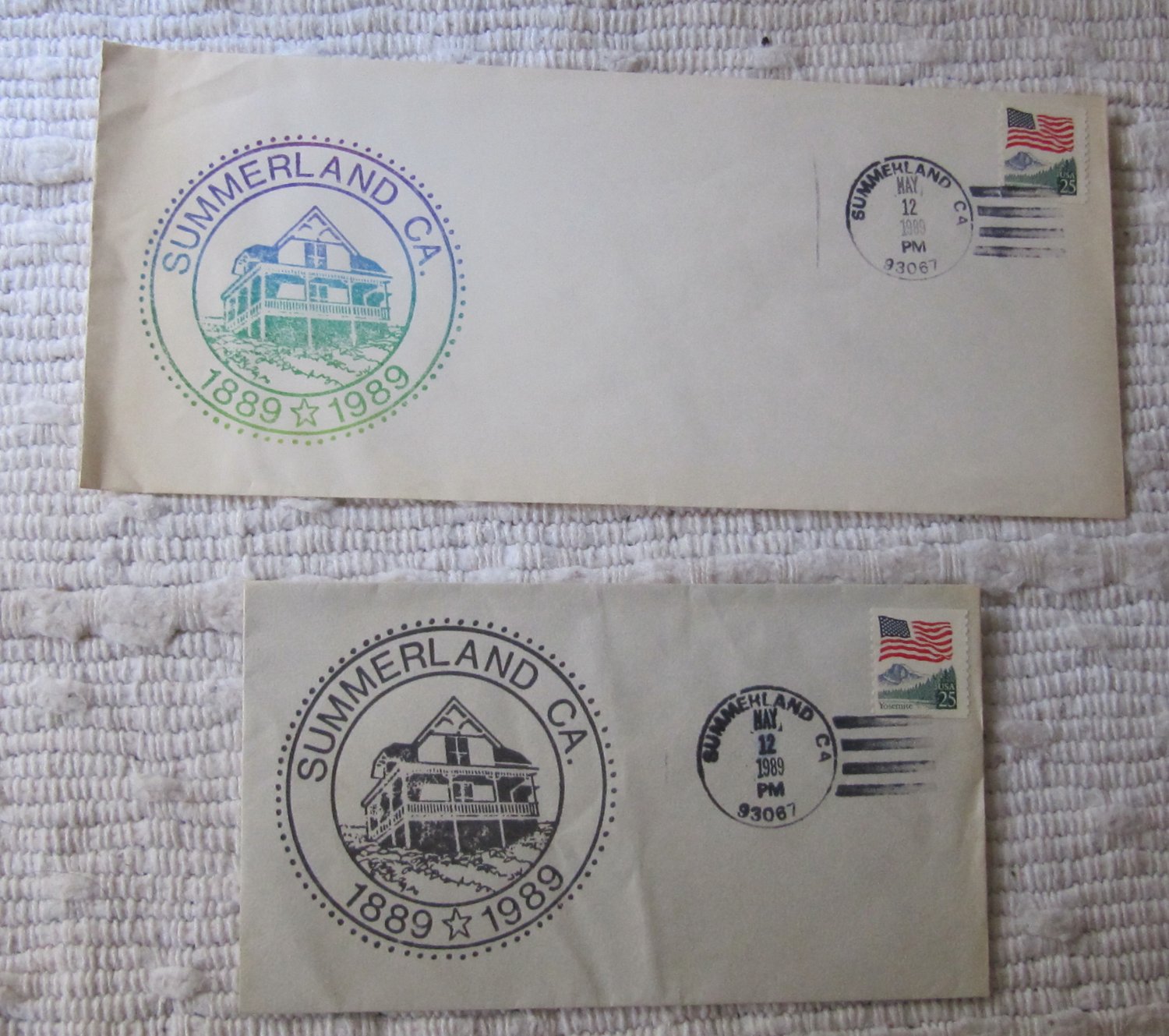 Two Postmarked Envelopes Summerland, CA 1889 1989 Centennial May 12 ...