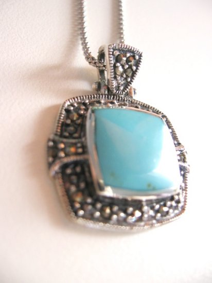 16" STERLING SILVER SQUARE TURQUOISE with MARCASITE SETTING NECKLACE