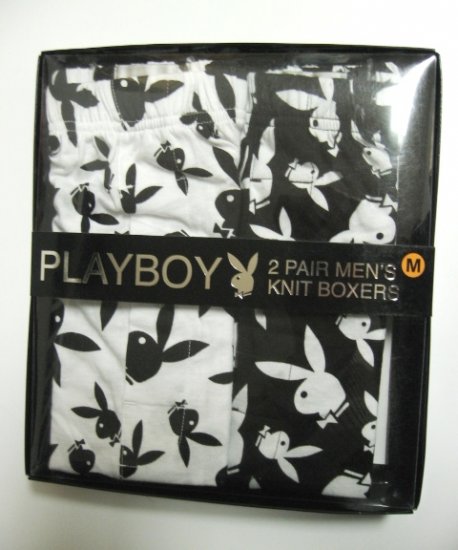PLAYBOY 2 PAIR BLACK/WHITE MEN'S KNIT BOXER GIFT SET, SIZE SMALL