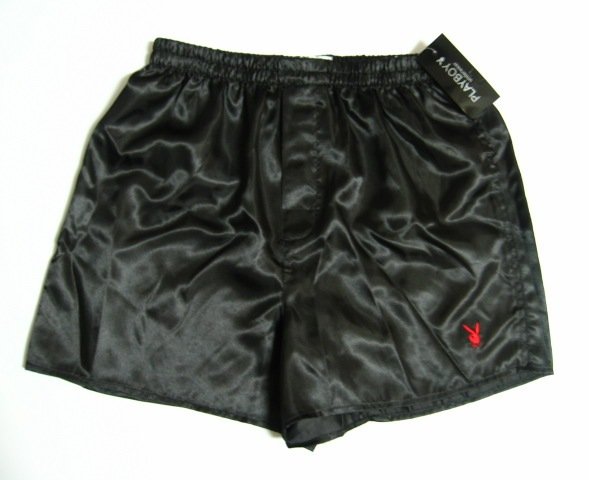 A0017 PLAYBOY BLK SATIN BLACK RABBIT HEAD LOGO BOXER, SIZE LARGE