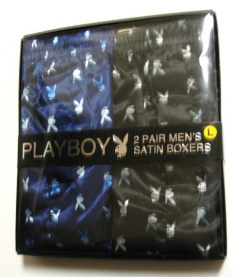 PLAYBOY 2 PAIR BLACK/BLUE MEN'S SATIN BOXER GIFT SET, SIZE LARGE