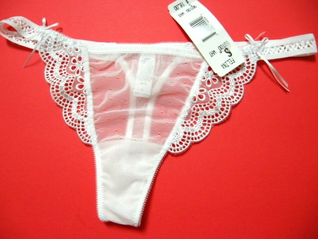 FELINA WHITE SHEER MESH W/ DELICATE EYELIT LACE THONG, 90100, SIZE SMALL