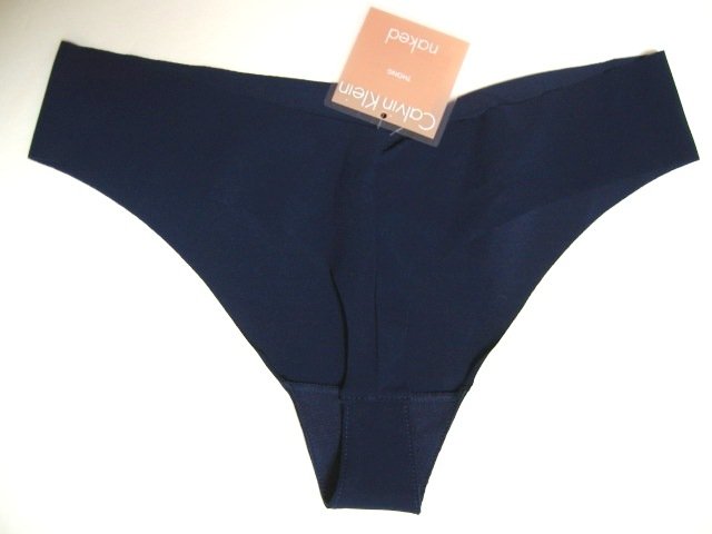 6U0086 CALVIN KLEIN NAVY NAKED UNFINISHED EDGE THONG F2636-11B, SIZE SMALL