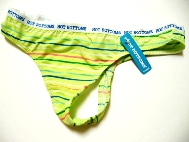 6U0352 HOT BOTTOM LIME MULTI-COLOR LINES LOGO THONG, SIZE LARGE
