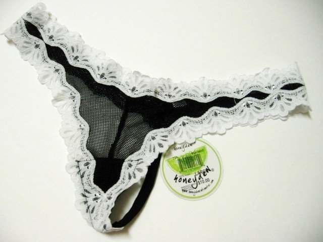6U0372 HONEYDEW BLACK/WHITE SHEER FISHNET & LACE G-STRING, 731, SIZE SMALL