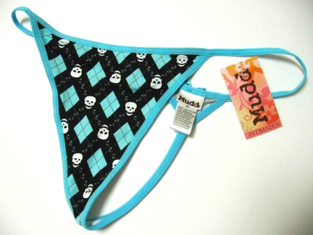MUDD BLUE SILKY MICROFIBER + SKELETON PRINTS G-STRING, SIZE LARGE