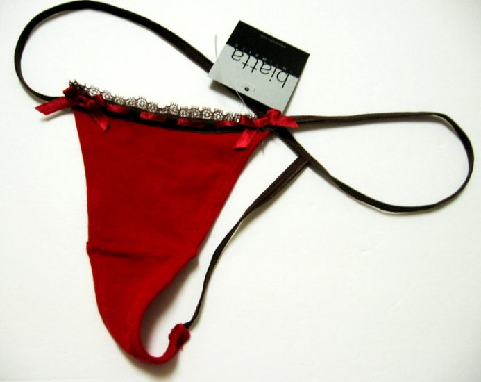A0473 BIATTA INTIMATES RED/BWN COTTON/LACE G-STRING, SIZE LARGE