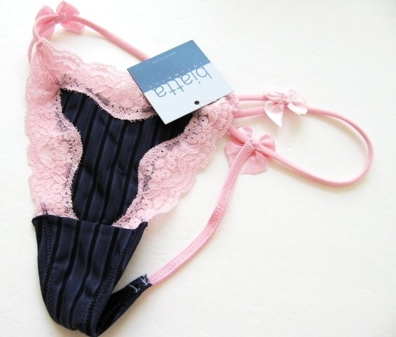 A113 BIATTA VAVY SEMI-SHEER STRIPS PINK LACE G-STRING, SIZE MEDIUM